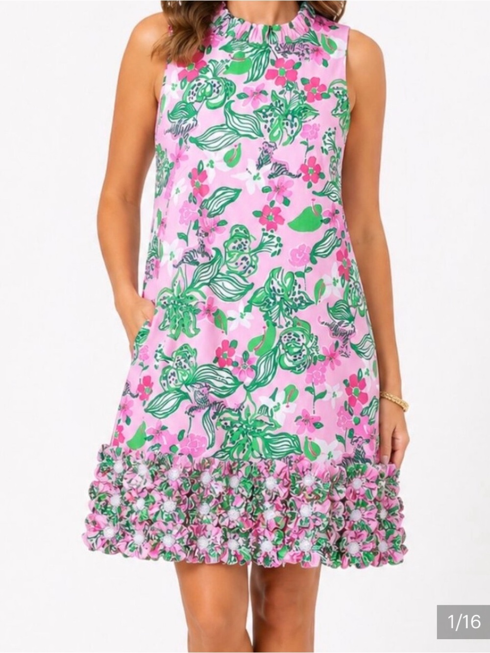 ISO Lilly Pulitzer Lovell Shift Dress Size 8/10 Jubilee Tiger Lilly Rosette Hem